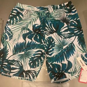 Green Leaf Printed Swim Trunks